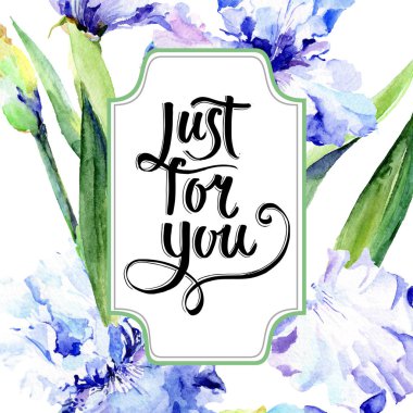 Menekşe iris çiçek botanik çiçekleri. Suluboya arka plan illüstrasyon seti. Çerçeve kenarlık süs karesi.