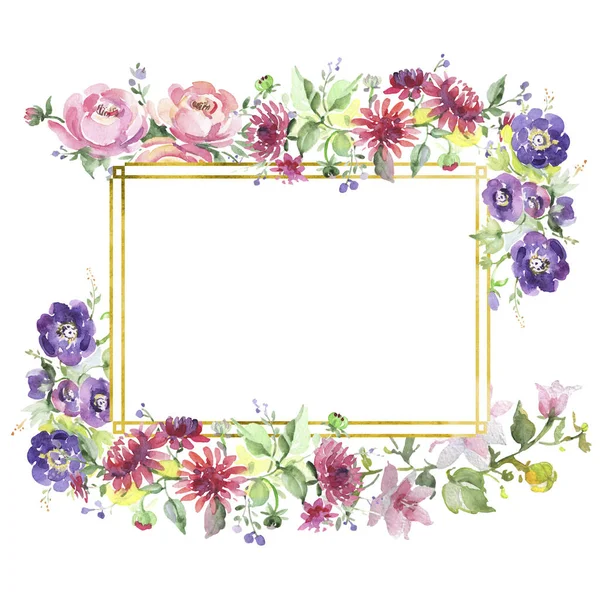 Bukiet kwiatowy kwiaty botanicznych. Zestaw ilustracji tle akwarela. Ramki granicznej ornament square. — Zdjęcie stockowe