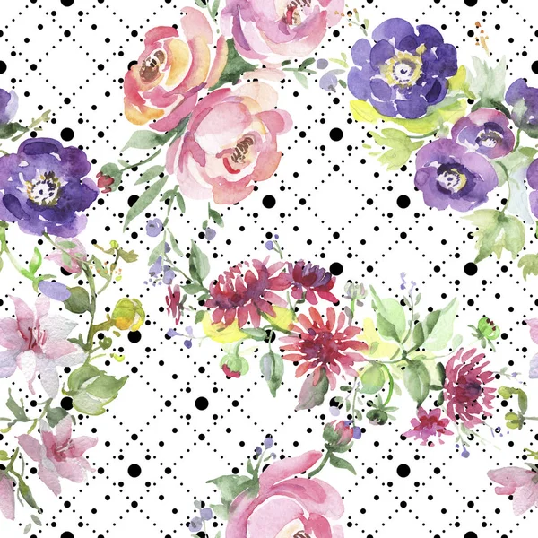 Bouquet floreale fiori botanici. Acquerello sfondo illustrazione set. Modello di sfondo senza soluzione di continuità . — Foto Stock