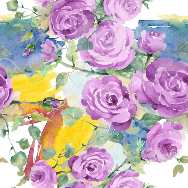 Purple rose bouquet floral botanical flowers. Watercolor background illustration set. Seamless background pattern. — Stock Photo, Image