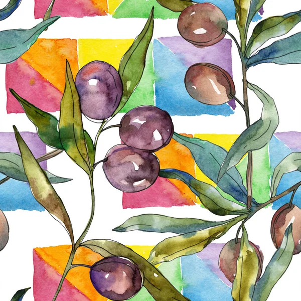 Olive branch with black and green fruit. Watercolor background illustration set. Seamless background pattern. — Stock Photo, Image