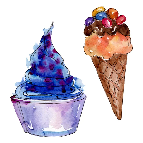 Es krim lezat dengan gaya cat air. Satu set ilustrasi makanan penutup manis Aquarelle. Elemen latar belakang makanan penutup yang terisolasi . — Stok Foto