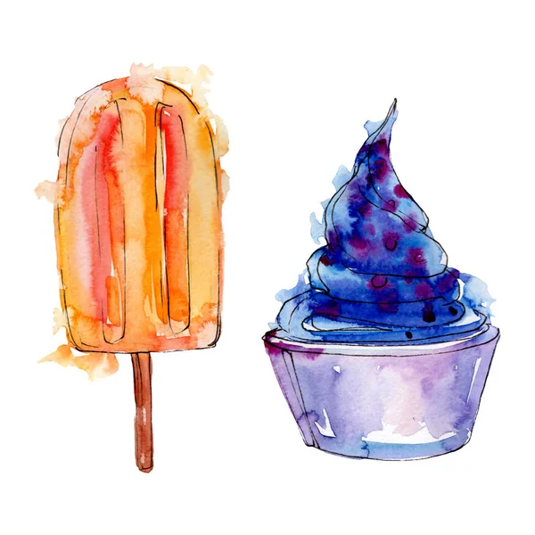 Crème glacée savoureuse dans un style aquarelle. Aquarelle set d'illustration de dessert sucré. Desserts isolés élément de fond . — Photo