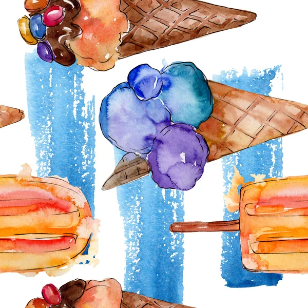 Gelato gustoso in stile acquerello. Set illustrazione dolce dolce Aquarelle. Modello di sfondo senza soluzione di continuità . — Foto Stock