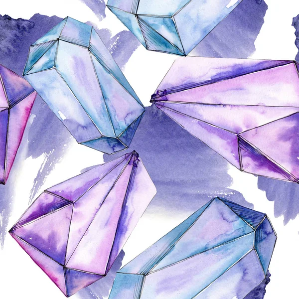 Färgglada diamond rock smycken mineraler. Akvarell crystal sten bakgrund set. Sömlös bakgrundsmönster. — Stockfoto