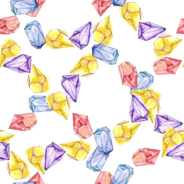 Colorful diamond rock jewelry minerals. Watercolor crystal stone background set. Seamless background pattern.