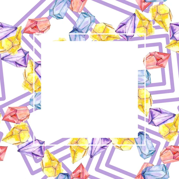 Farbenfrohe Diamant-Rock-Schmuckmineralien. Aquarell Hintergrundillustration Set. Rahmen Rand Ornament Quadrat. — Stockfoto