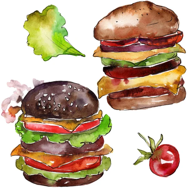 Hot dog fast food isolated. Watercolor background illustration set. Isolated snack illustration element.
