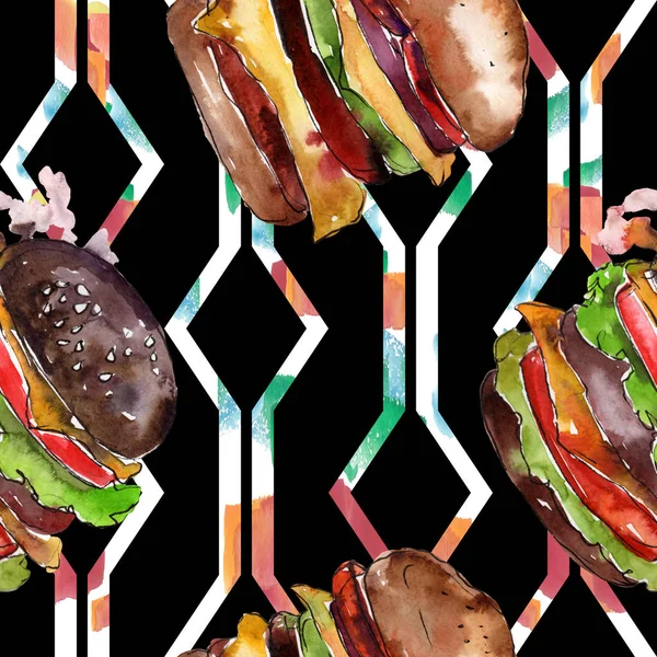 Hotdog Fast Food geïsoleerd. Aquarel achtergrond illustratie instellen. Naadloos achtergrond patroon. — Stockfoto
