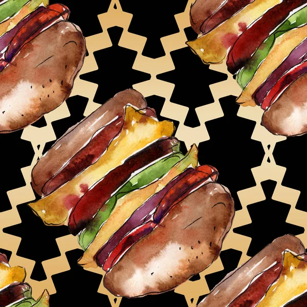 Hotdog Fast Food geïsoleerd. Aquarel achtergrond illustratie instellen. Naadloos achtergrond patroon. — Stockfoto