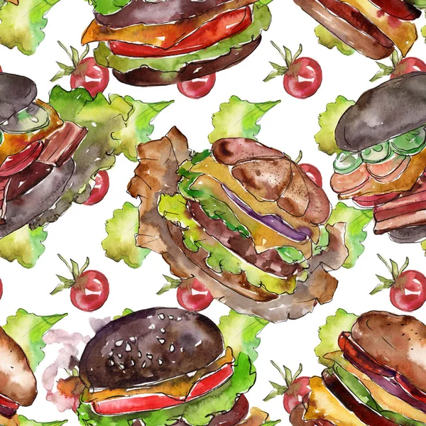 Hot Dog Fast Food isoliert. Aquarell Hintergrundillustration Set. nahtloses Hintergrundmuster. — Stockfoto