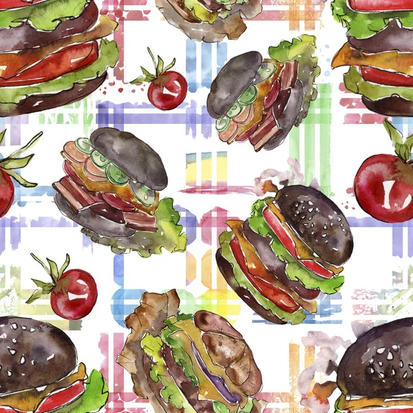 Hot dog fast food isolated. Watercolor background illustration set. Seamless background pattern. — Stock Photo, Image