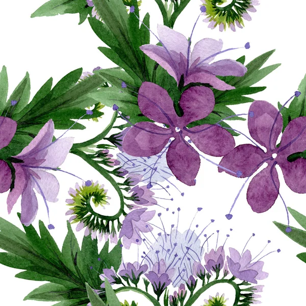 보라색 위상 포랄 식물 꽃. 수채화 배경 일러스트 세트입니다. 원활한 배경 패턴. — 스톡 사진