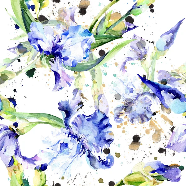 Fiori botanici floreali di iris viola. Acquerello sfondo illustrazione set. Modello di sfondo senza soluzione di continuità . — Foto Stock