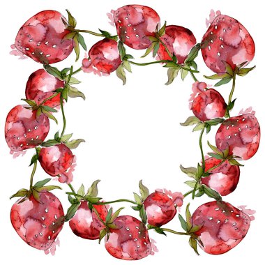 Çileksağlıklı yemek. Suluboya arka plan illüstrasyon seti. Çerçeve kenarlık süs karesi.