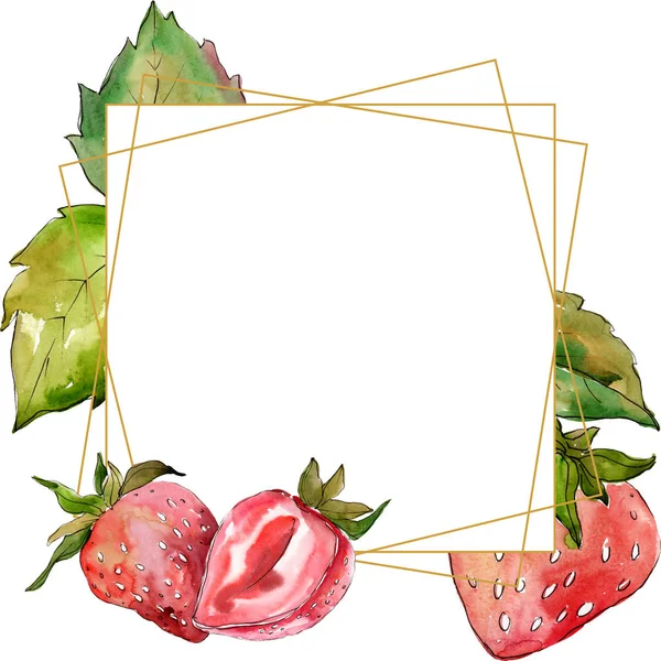 Fraise alimentation saine. Ensemble d'illustration de fond aquarelle. Cadre bordure ornement carré . — Photo