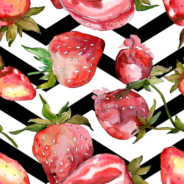 딸기 건강 식품. 수채화 배경 일러스트 세트입니다. 원활한 배경 패턴. — 스톡 사진
