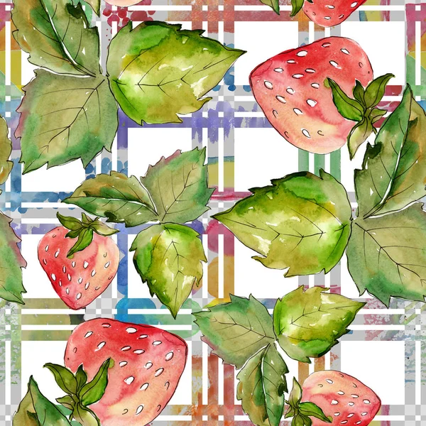 Jordgubbs hälsosam mat. Akvarell bakgrund illustration uppsättning. Sömlöst bakgrundsmönster. — Stockfoto