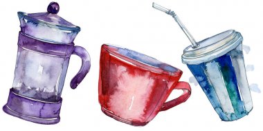 Taze ve soğuk alkolsüz içecekler. Suluboya arka plan illüstrasyon seti. İzole içecek illüstrasyon elemanı.