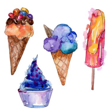Sulu Boya stilinde lezzetli dondurma. Aquarelle şekerli tatlı şekilde ayarlayın. İzole tatlılar arka plan öğesi.