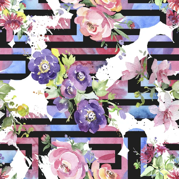 Ramo de flores botánicas florales. Conjunto de ilustración de fondo acuarela. Patrón de fondo sin costuras . —  Fotos de Stock