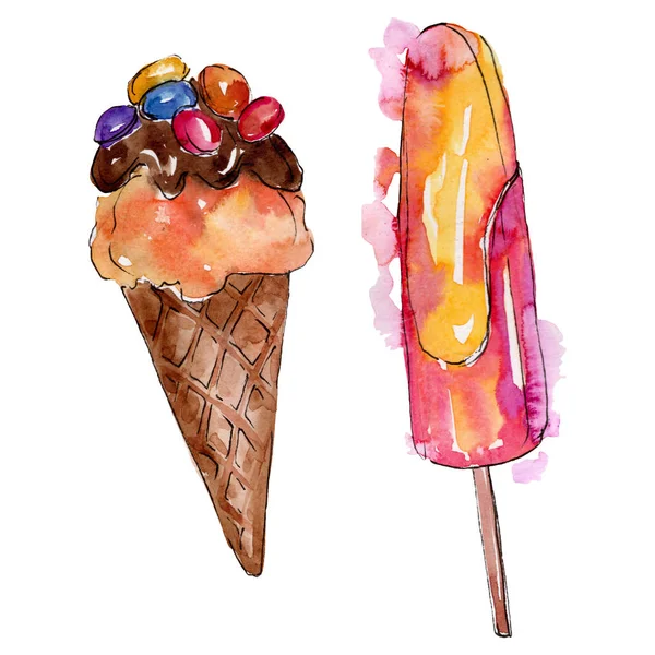 Sulu Boya stilinde lezzetli dondurma. Aquarelle şekerli tatlı şekilde ayarlayın. İzole tatlılar arka plan öğesi. — Stok fotoğraf