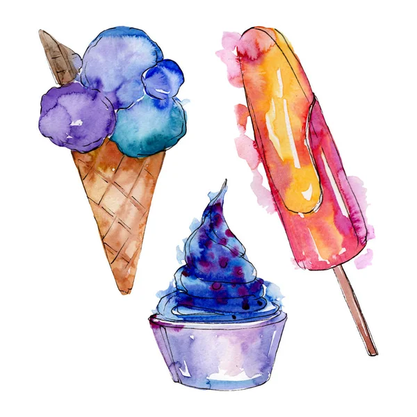 Sulu Boya stilinde lezzetli dondurma. Aquarelle şekerli tatlı şekilde ayarlayın. İzole tatlılar arka plan öğesi. — Stok fotoğraf