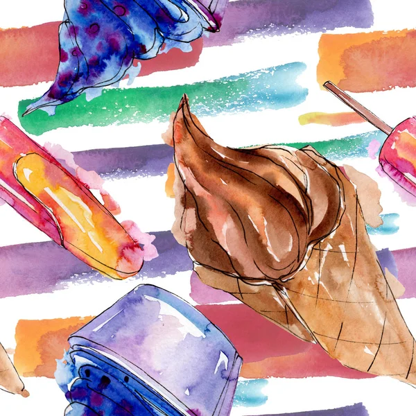 Gelato gustoso in stile acquerello. Set illustrazione dolce dolce Aquarelle. Modello di sfondo senza soluzione di continuità . — Foto Stock