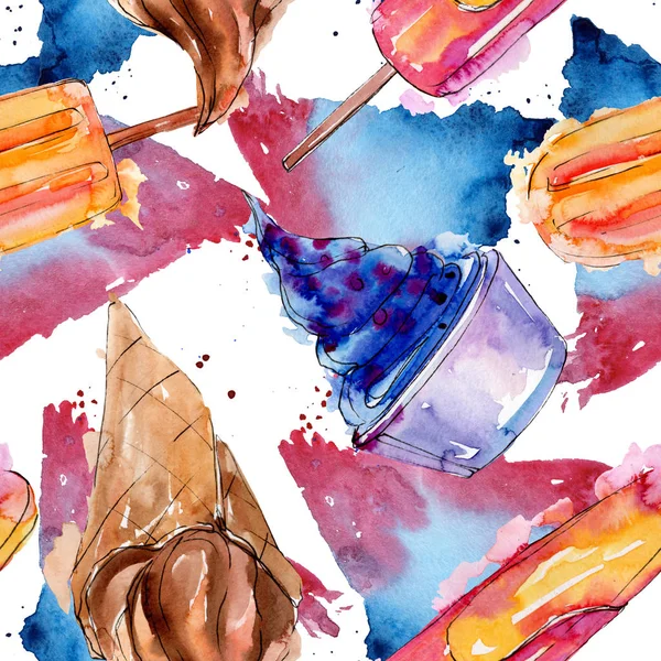 Leckeres Eis im Aquarell-Stil. Aquarell süßes Dessertillustrationsset. nahtloses Hintergrundmuster. — Stockfoto