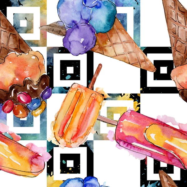 Gelato gustoso in stile acquerello. Set illustrazione dolce dolce Aquarelle. Modello di sfondo senza soluzione di continuità . — Foto Stock