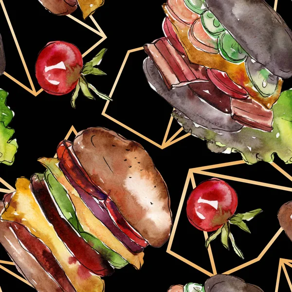 Hot dog fast food isolé. Ensemble d'illustration de fond aquarelle. Modèle de fond sans couture . — Photo