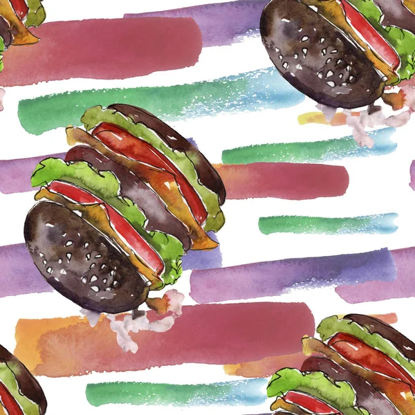 Hot dog gyorsétterem elszigetelt. Akvarell háttér illusztráció meg. Folytonos háttérmintázat. — Stock Fotó