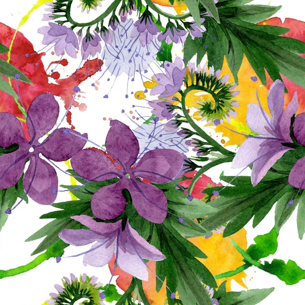 Violett phaselia Foral botaniska blommor. Akvarell bakgrund illustration uppsättning. Sömlöst bakgrundsmönster. — Stockfoto