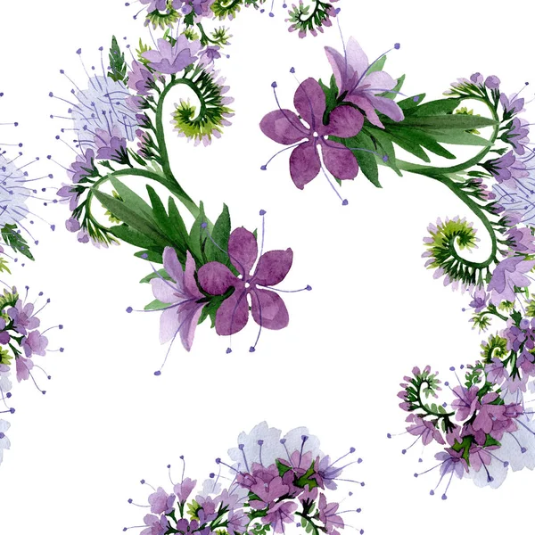 Violet phaselia Foral botanische bloemen. Aquarel achtergrond illustratie instellen. Naadloos achtergrond patroon. — Stockfoto