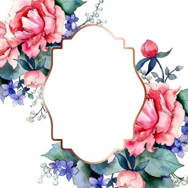 Pembe buket çiçek botanik çiçek gül. Suluboya arka plan illüstrasyon küme. Çerçeve kenarlığı süsleme Meydanı.
