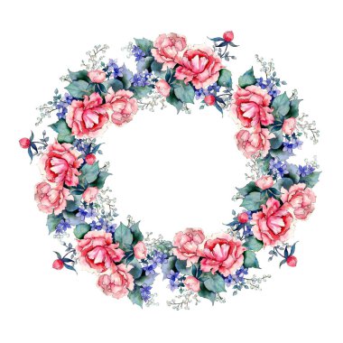 Pembe buket çiçek botanik çiçek gül. Suluboya arka plan illüstrasyon küme. Çerçeve kenarlığı süsleme Meydanı.