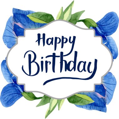 Mavi tatlı bezelye çiçek botanik çiçekler. Suluboya arka plan illüstrasyon seti. Çerçeve kenarlık süs karesi.