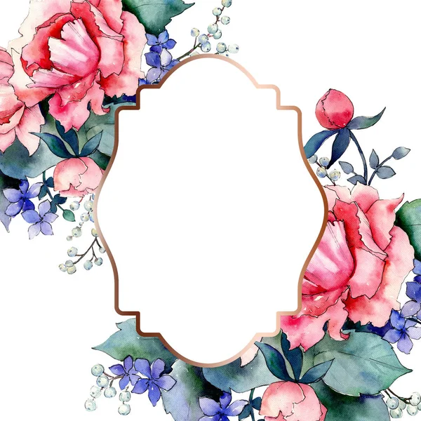 Roze roos boeket bloemen botanische bloemen. Aquarel achtergrond afbeelding instellen. Frame grens ornament vierkant. — Stockfoto