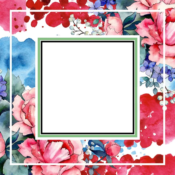 Rosa rosa buquê flores botânicas florais. Conjunto de ilustração de fundo aquarela. Quadro borda ornamento quadrado . — Fotografia de Stock