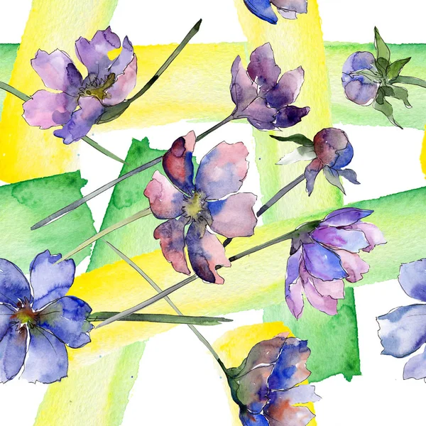 Fiore di cosmo viola fiore botanico floreale. Acquerello sfondo illustrazione set. Modello di sfondo senza soluzione di continuità . — Foto Stock