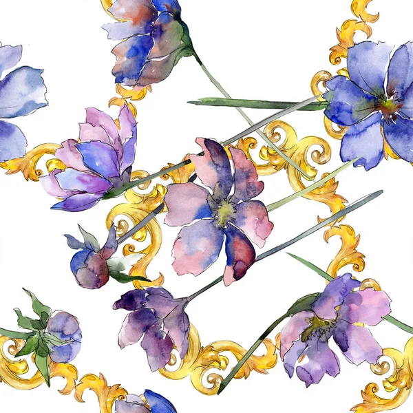Fiore di cosmo viola fiore botanico floreale. Acquerello sfondo illustrazione set. Modello di sfondo senza soluzione di continuità . — Foto Stock