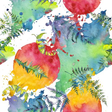 Eğrelti otu yeşil yaprakları. Suluboya arka plan illüstrasyon seti. Kesintisiz arka plan deseni.