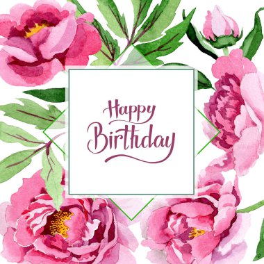 Pembe peony çiçek botanik çiçekler. Suluboya arka plan illüstrasyon küme. Çerçeve kenarlığı süsleme Meydanı.