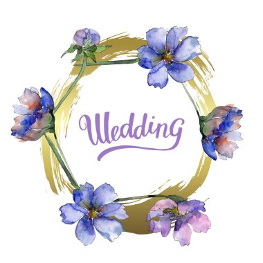 Mor kozmos çiçek çiçek botanik çiçekler. Suluboya arka plan illüstrasyon seti. Çerçeve kenarlık süs karesi.