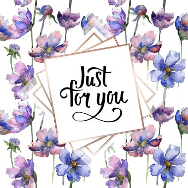 Mor kozmos çiçek çiçek botanik çiçekler. Suluboya arka plan illüstrasyon seti. Çerçeve kenarlık süs karesi.