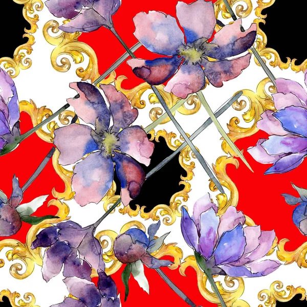 Violet cosmos flower floral botanical flower. Watercolor background illustration set. Seamless background pattern.