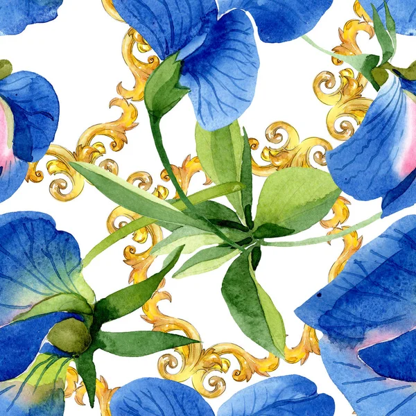 Niebieski słodki groszek kwiatowy kwiatów botanicznych. Akwarela zestaw ilustracji tła. Płynny wzór tła. — Zdjęcie stockowe