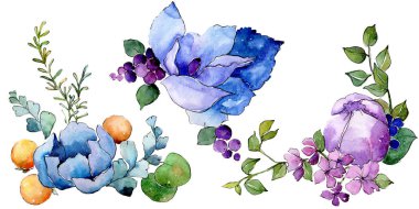 Tropik buket çiçek botanik çiçekler. Suluboya arka plan illüstrasyon seti. İzole buketleri illüstrasyon elemanı.