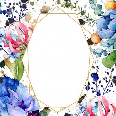 Tropik buket çiçek botanik çiçekler. Suluboya arka plan illüstrasyon seti. Çerçeve kenarlık süs karesi.