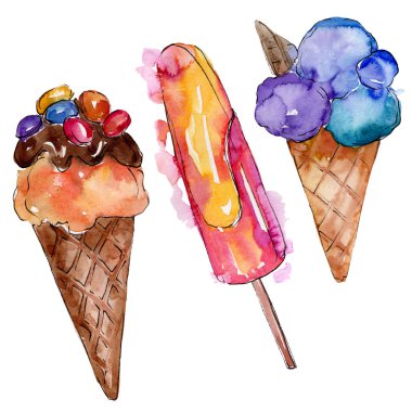 Sulu Boya stilinde lezzetli dondurma. Aquarelle şekerli tatlı şekilde ayarlayın. İzole tatlılar arka plan öğesi.
